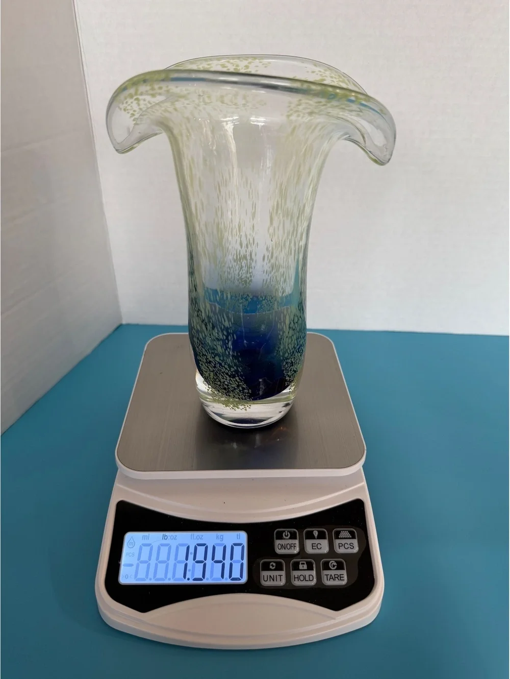 Handmade Art Glass Vase with Blue and Yellow Accents